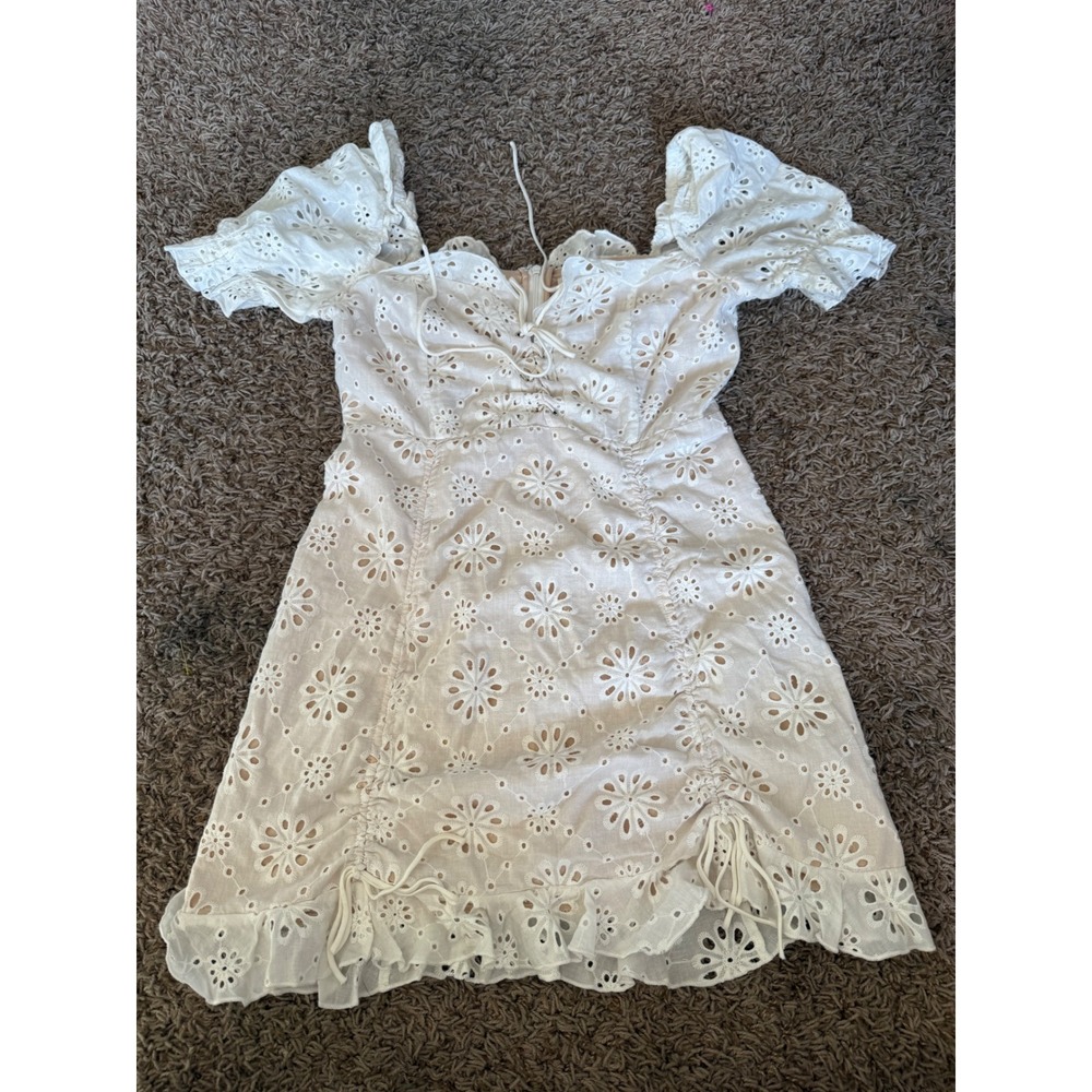 Starborn White Eyelet Lace Mini Dress Puff Sleeve Ruched Tie‎ Front Small